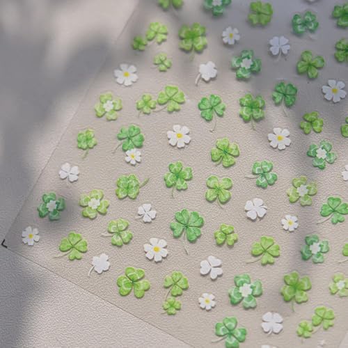 Image of Clover Nail Art Stickers Green White Nail Stickers for Nail Art Spring Plant 5D Embossed Nail Decals Self-Adhesive Nails St Patricks Supplies Manicure Decoration