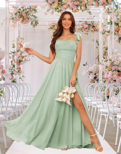Square Neck Bridesmaid Dresses 2025 Ruched Chiffon Formal Evening Dress with Bow QA2234