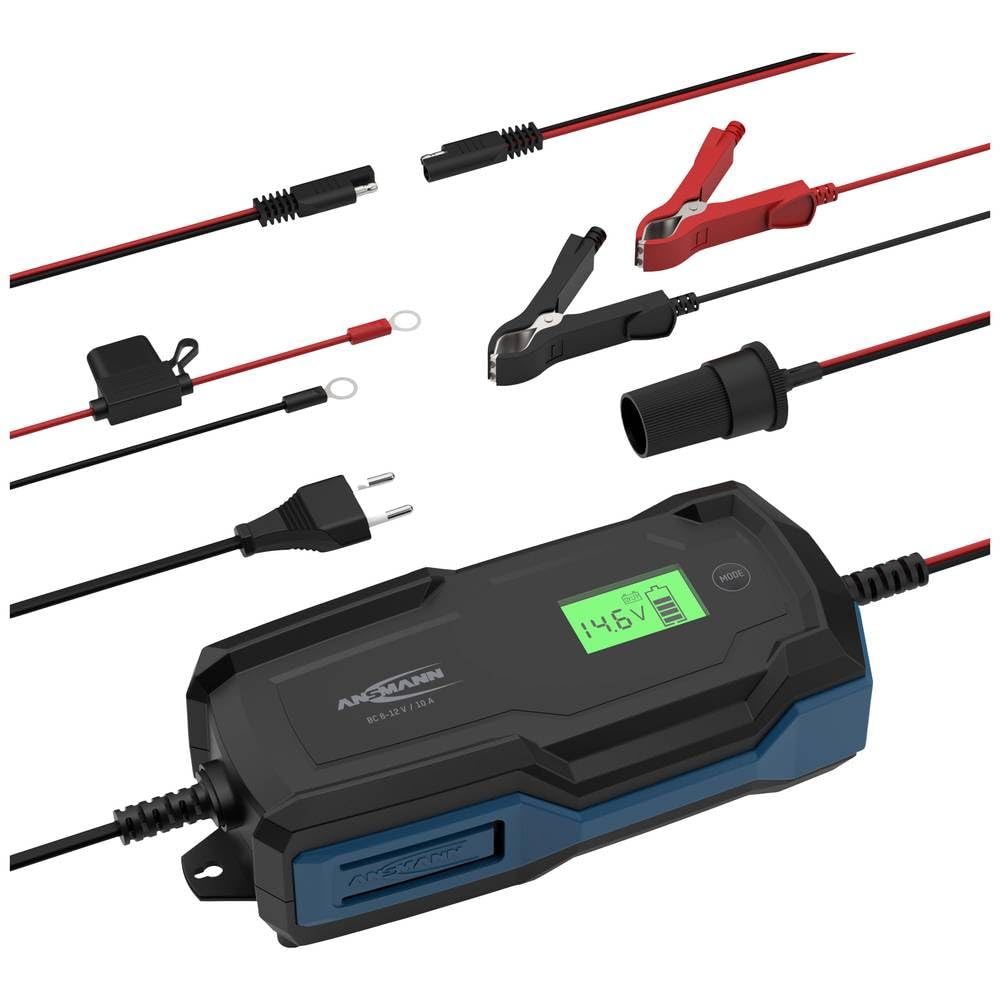 ANSMANN Cargador inteligente de 10 pasos 6 V 12 V/10 A con pantalla LCD para baterías de plomo-ácido y plomo-lias, así como baterías de 12 V LiFePo4 para coche, moto y furgoneta