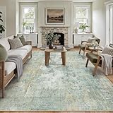WondRg 8x10 Washable Area Rug Teal Beige Abstract Non Slip Soft Low Pile Rug for Living Room Bedroom Dining Room Office Neutral Modern Indoor Throw Carpet for Home Decor
