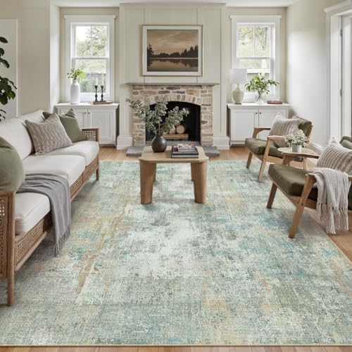WondRg 8x10 Washable Area Rug Teal Beige Abstract Living Room