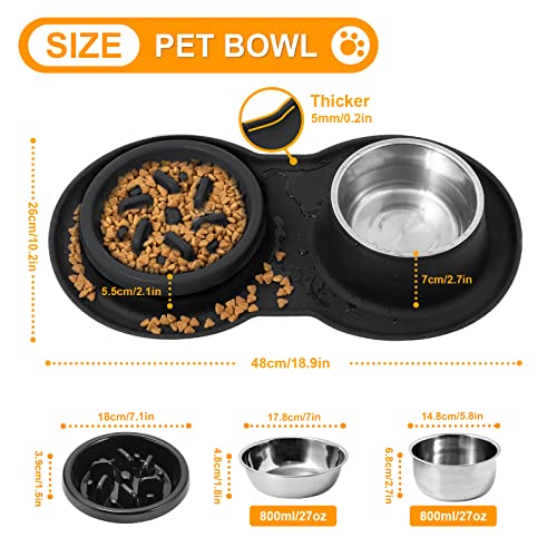 Dog Water Food Bowls (5-In-1) Slow Feeder Stainless Steel Dishes With Non-Slip Silicone Feeding Mat, Raised Edges For No Spills, Pet Bowls For Puppy Medium Dogs Cats (Black) #TOP3