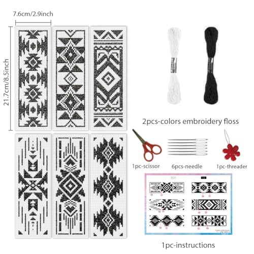 Image of INFUNLY 6pcs Aztec Print Cross Stitch Bookmark Kit for Beginners DIY Vintage Geometry Embroidery Bookmark Kits Black White Needlepoint Kit with Instruction Easy Cross Stitch Set for Book Lovers Reader