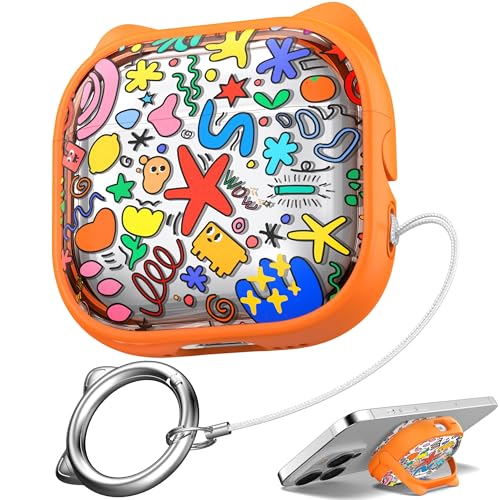 Image of for AirPods 4 Case with Cleaning Kit, Cute Cat Ear Print Design & Cute Buckle, Inverted Phone Holder Design, Top Safe Lock Buckle Design, for Girls AirPods 4 case 2024, Orange Seaworld
