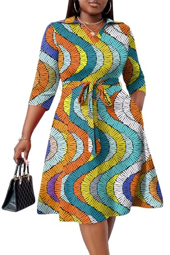 FANDEE Midi Dress for Women Plus Size Curvy Wrap Sexy Midi Dress for Summer Formal Wedding Guest Cocktail African Print Wave Geometric XL