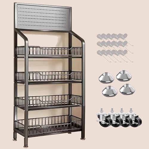 HDYZJQ Commercial Supermarket Shelf Display Rack, Free Standing Snack Shelf with Hook & Wheels, Pantry/Garage/Retail Store Rolling Food Rack (Color : Black, Size : 4 Layers 140x28x60cm)