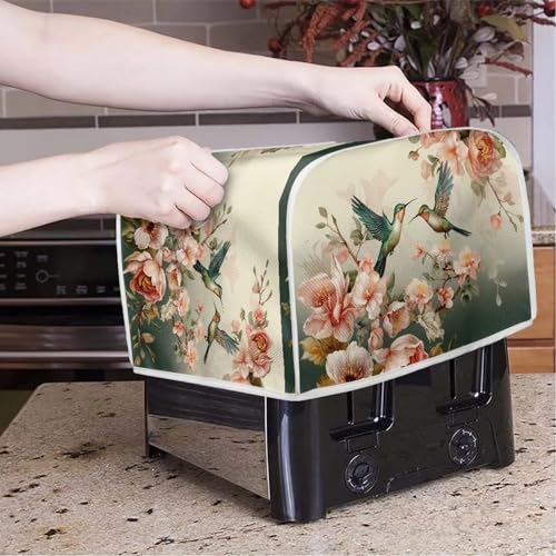 Image of Talayituse Hummingbird Floral Print 4 Slice Toaster Covers Dust Protection Bread Maker Covers Toaster Oven Cloth Cover Kitchen Accessories Washable Appliance Cover with Handle