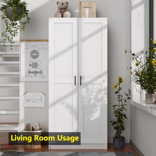 Image of White Tall Kitchen Pantry Cabinet Organizers and Storage with Doors and Adjustable Shelves,Wood Large Gabinetes Para Cocina Office Bookshelf for Laundry Room Cabinets (31.5 inchW*15.7 inchD*71 inchH)