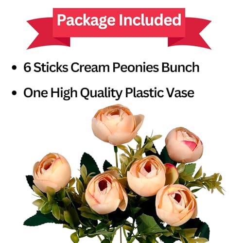 Image of Dekorly Artificial Peony Flowers Bunch | White Vase with Flowers Bunch | Artificial Plants for Home Office Hotel Decor | Bedroom Living Room Bathroom Decor (Cream, Height : 30CM)