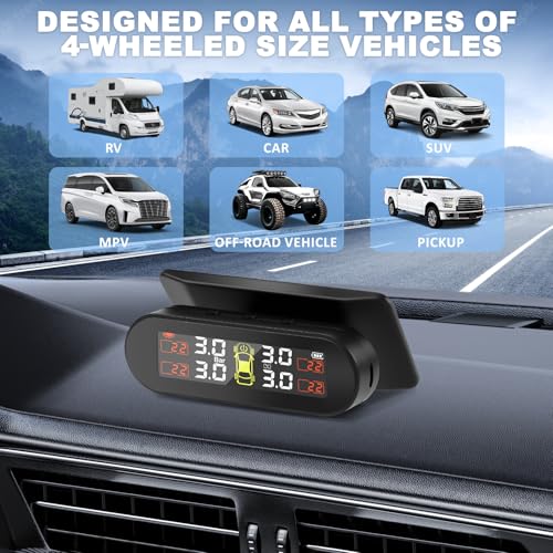 Avutrel TPMS Reifendruckkontrollsystem, Solar/USB-Aufladung, 5 Alarmsystem, mit 4 Externen Sensoren, für Limousine, SUV, MPV, Anhänger etc
