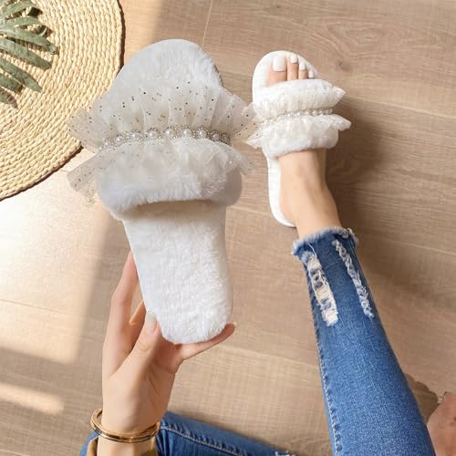 Women's Fuzzy Slippers, Sparkle Faux Pearl Rhinestone Lace Decor Slippers, Fashion Bling Flat Slip on Sandals, Open Toe Indoor House Slippers, Wedding Slipper for Bride Bridal Shower Wedding Day3