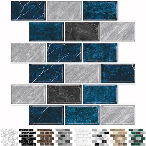 URCOLOR 10-Sheet Backsplash Tile for Kitchen Peel and Stick,12'x12' Self Adhesive Wall Tiles Stick on Back Splashes for Bathroom Blue Marble Look