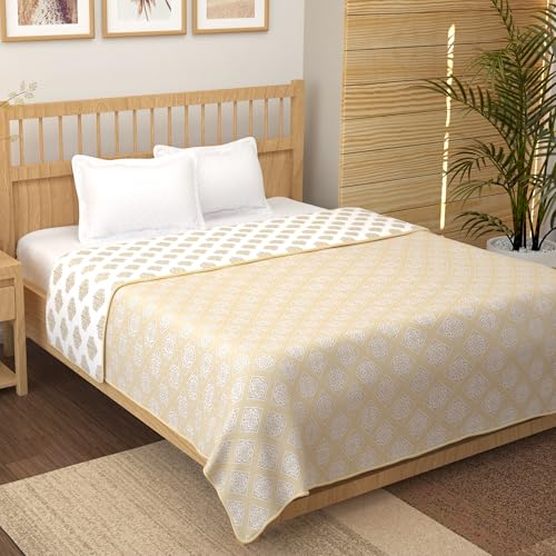 Image of Story@Home Dohar Double Bed Cotton 100% | 150GSM 225 x 240 CM Quilt AC Blanket for Summer | AC Comforter Double Bed |Cream & White, Damask Reversible Design Duvet | All-Season Blanket
