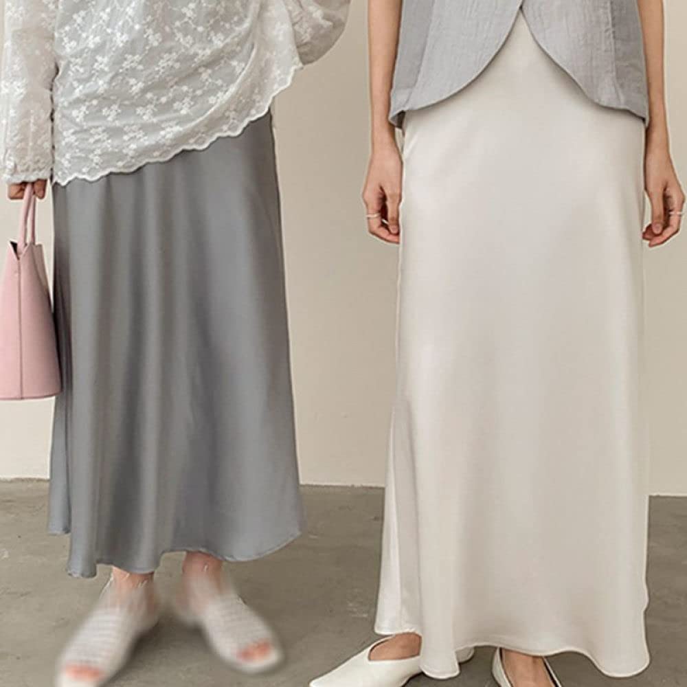 OZEO Röcke Damen,Eleganter Midirock Aus Satin Für Damen, Graublau, Hohe Taille, Faltenrock In A-Linie, Mit Reißverschluss, Sommer, Leicht, Gerafft, Einfach, Lange Röcke Für Mädchen, Damen, Xs