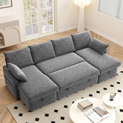 Winlice U-förmiges Ecksofa mit Schlaffunktion und Stauraum, 265cm großes Schlafsofa, Ausziehbares Chenille Sofa mit Chaiselongue für Wohnzimmer, Wohnung, Hotel, Dunkelgrau