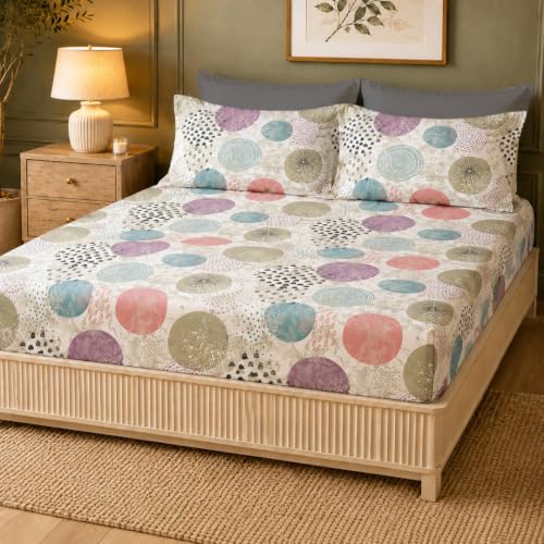 Image of LANE LINEN Symphony | 100% Cotton Sheet Set | Soft & Breathable Fabric | 3 Piece (1 Bedsheet + 2 Pillow Covers) | King Bed Sheet Set - Colorful Circle Pattern