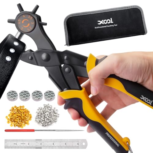 XOOL 2 en 1 Kit de Alicates Sacabocados y Ojetillos para Cuero, Ojetes Metálicos de 4,5 mm para Tela, Perforadora de Agujeros, Alicates para Ojetes para Zapatos, Ropa de Cuero y Cinturones