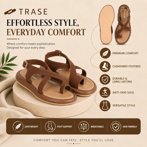 Image of TRASE Women's Casual Flat Sandals with Cross Straps, Adjustable Ankle Closure, Comfortable Footbed, Stylish Open Toe Design for Daily Wear, Outings and Casual Occasions