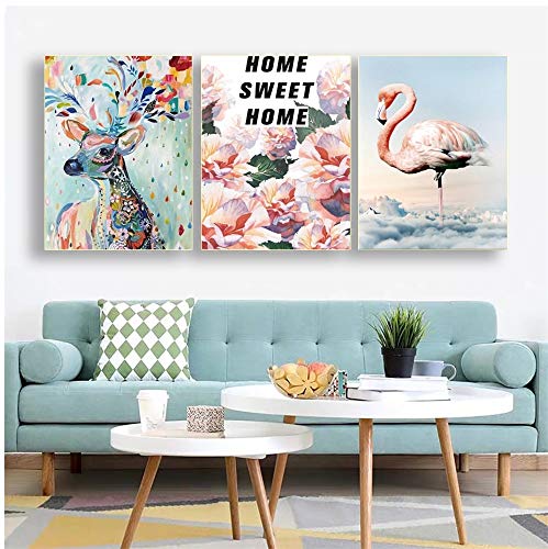 Peinture calligraphie 3 panneau avec motif flamant rose cerf - 4
