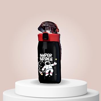 ITSIN Kids Insulated Stainless Steel Water Bottle Hot and Cold with Straw Lid Baby Stainless Steel Outdoor Vacuum Kids Milk Bottle Cartoon Theme 500ml (Black Super Space)