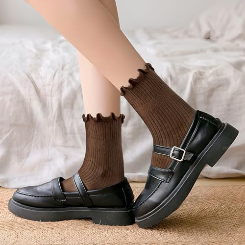 Image of DQCUTE Women's Ruffled Ankle Boot Socks - Soft Knit Cotton Lettuce Trim Crew Socks for Teen Women 6 Pairs