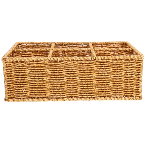 BATHVEVE 藤編み収納バスケット カトラリー仕切り付き 食器整理用 多機能収納かご 浅カフェ色 キッチン用カトラリーオーガナイザー