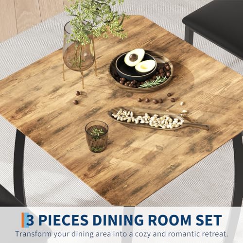 GarveeHome Dining Table Set for 2, Farmhouse 3 Piece Kitchen Table and Chair Set with Upholstered Chair, Metal Frame Dining Room Table and Chairs for Small Space, Apartment, Black+Retro