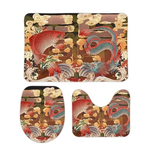 トイレマット 3点セット 和風 浮世絵 龍 鯉 フタカバー 便座カバー 洗える 足ふきマット ふわふわ 滑り止め U型 O型 兼用 ズレない おしゃれ 吸水速乾 40cm x 60cm