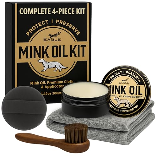 4-in-1 Mink Oil Leather Conditioner Kit – 3.52oz Waterproof Paste with Horsehair Brush, Sponge &...