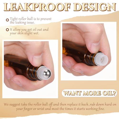Domensi 30 Pcs Essential Oil Bottles, 10 ml Glass Bottle with Stainless Steel Roller Ball and Cap for Travel, Perfume, Lip Balm, 2 Funnels, 0.5 ml Dropper(Amber)4