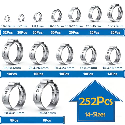 Image of 252Pcs 14-Sizes 304 Stainless Steel Single Ear Hose Clamps with Ear clamp plier 5.3-33.1mm Crimp Hose Clamps Assortment Kit for Auto /Home Appliance /Pipe /Fuel Line Stepless hose clamp with pincer
