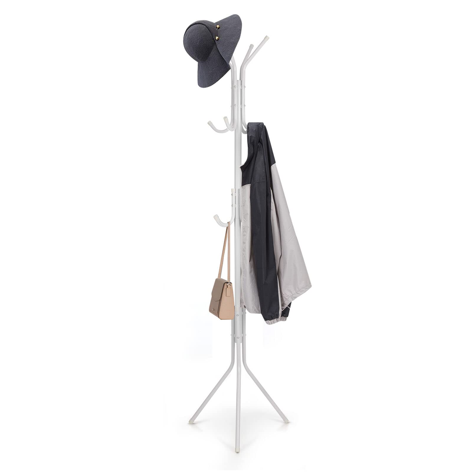Coat Stand Coat Hat Jacket Umbrella Floor Standing Rack Clothes Hanger 12 Hooks (White)