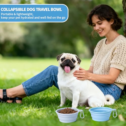 Faltbare Reisenäpfe,Silikon Wassernapf für Hunde,2 Stück Makronenfarben Tragbarer Hund Futternapf,Hunde Reise Wanderungen and Camping (Blau + Grau, 350ml)