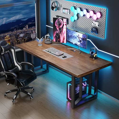 jinhuajinwei Solid Wood Computer Desk Study Office Desk 55' Writing, Modern Simple Style PC Table, Black Metal Frame, Solid Wood Planks 55' D x 27' W x 29' H for Home Office Bedroom,Rustic Brown