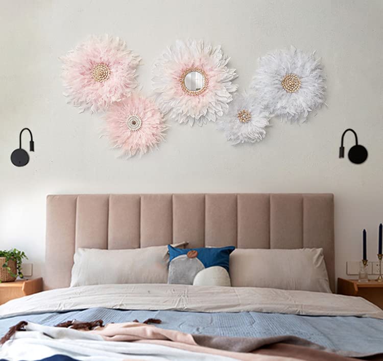Teinopalpus Feather Wall Art for Living Room/Bedroom/Office Handcrafted Feather JUJU HAT Decoration Cowrie Shells with African Design,Pink 14" in - Image 2