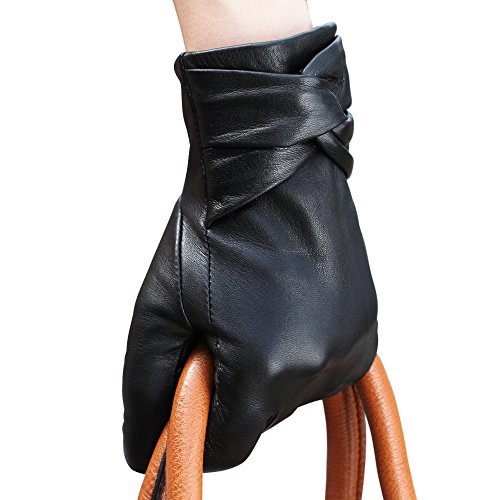 Warmen Women's Lambskin Leather Cold Weather Gloves with Crossing Bow (7, Black (Touchscreen Function/Wool Lining))