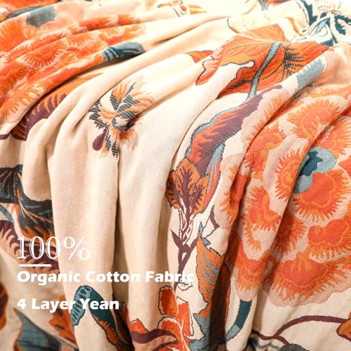 Boho Large Throw Blanket, 100% Organic Cotton Breathable Soft Bed Throw - Floral Bird Farmhouse Decor Blanket for Sofa Couch Chair Quilt and Gift. 91" x 98"- Beige