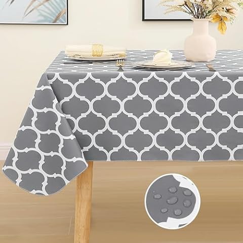 Smiry Rectangle Tablecloth, Waterproof Vinyl Tablecloths with Flannel Backing for Rectangle Tables, Wipeable Spillproof Plastic Tablecloth for Dining, Camping, Indoor and Outdoor 60" x 84", Grey Cover