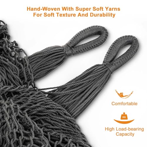 Image of Lazy Daze Hammocks Handwoven XL Mayan Hammock, 10.5 FT Soft Rope Double Hammocks, Portable Outdoor Hammock with Carry Bag, 2 Straps & Carabiners for Patio Outside, 550 lbs Weight Capacity, Gray