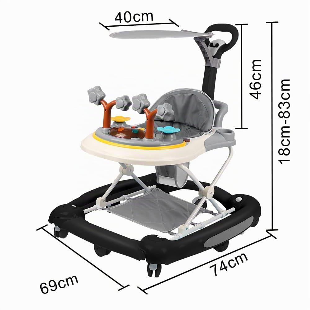 Trotteur Bébé Evolutif,Trotteur Marche Bebe Pliable,trotteur bebe,Garçons/filles, avec Musique, Hauteur Réglable en 5 Positions bol alimentaire détachable,67 * 75 * 85cm-Noir