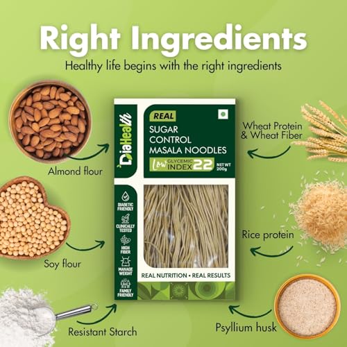 Image of Diahealth Diabetic Care Masala Noodles, 100 Gms, 1 Pack, Low Glycemix Index (22) & High Protein /Serv, Taste Just Like Regular Noodles, Low Carb, Pre-Biotic High Fibre, For Diabetics And Weight Loss
