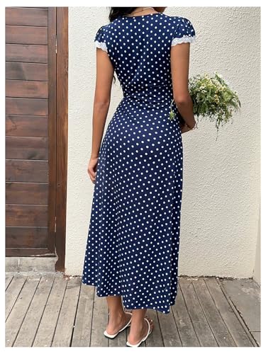 Milumia Women's Polka Dots Lace Trim Deep V Neck Dress Short Sleeve Flared Long Dresses3