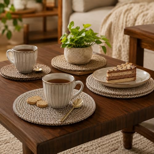 Image of Retro Trivets Polypropylene 3 Pc Round with Basket Holder, Braided Pot Mat, Side Table Mat, Machine Washable Small Place Mat for Casserole for Dining Table (9 inch Dia) (Beige)