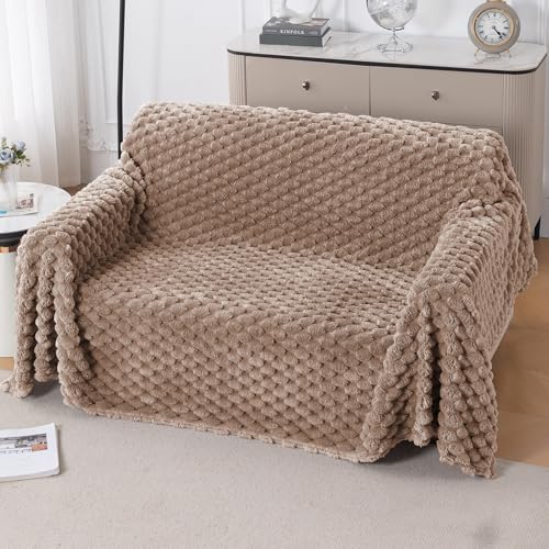 Image of HOKIPO Luxury Premium Rabbit Wool Plush Sofa Throw, Fluffy Sofa Cover for 2 Seater Sofa, 180(D) x 250(L) cm, 'BunnySoft Series' Canvas Brown (AR-5074-BRN)