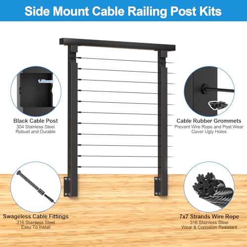 Image of 36 inch Side Mount Cable Railing Post Kits Include 2Pack Flat Top Level Drilled Cable Posts, 150FT Wire Rope, Black Fascia Mount Cable Railing System, 1 /8 inch Stainless Steel Wire Railing Kits, RG71