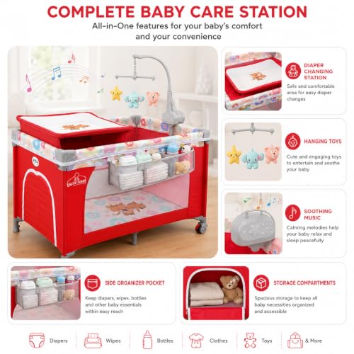 Image of Safe-O-Kid Baby Cot Foldable with Travel Bag | 2-in-1 Baby Playpen & Cot | 1 Year Warranty | Portable Baby Crib with Diaper Changing Station, Music, Toys, Organizer, Breathable Mesh for 0-3 Years - Red