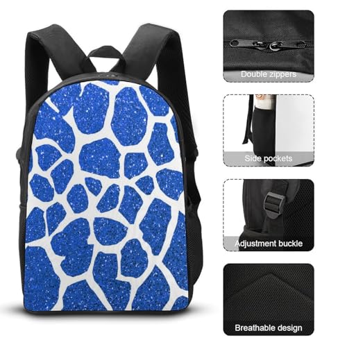 Giraffe Pattern Blue Glitter Backpack Set 3 Pieces Backpacks Lunch Bag Wallet For Travel Outdoor Sports3