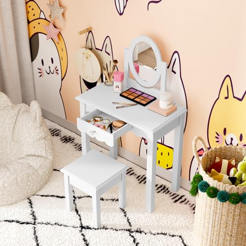 Image of HLR Kids Vanity, Girls Vanity Set with Mirror and Stool, Wooden 2 in 1 Princess Makeup Desk Dressing Table with Detachable Top, Toddler Vanity Dresser Set with Drawer for Little Girls, White