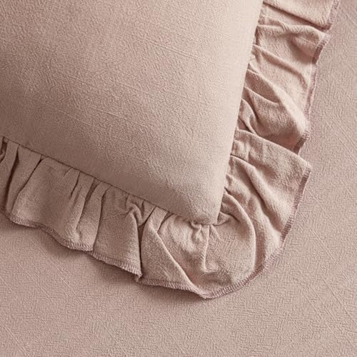 Image of Foindtower Set of 2 Decorative Linen Fringe Ruffle Throw Pillow Covers Soft Boho Farmhouse Cushion Cover Cozy Accent Retro Pillowcase for Couch Sofa Bed Living Room Home Decor,18x18 Inch,Coral Pink
