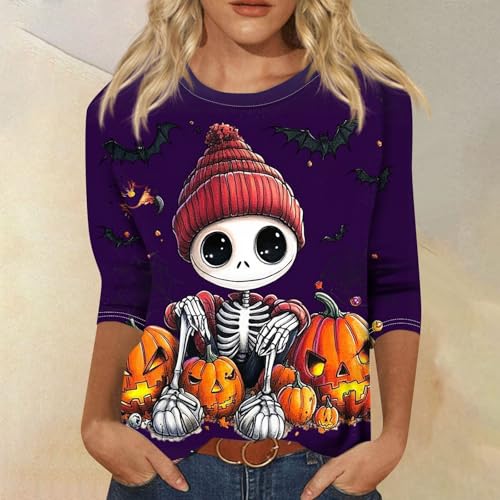 Cute Funny Halloween Shirts for Women Plus Size 3/4 Length Long Sleeve Womens Tops Witch Gothic Renaissance Shirt